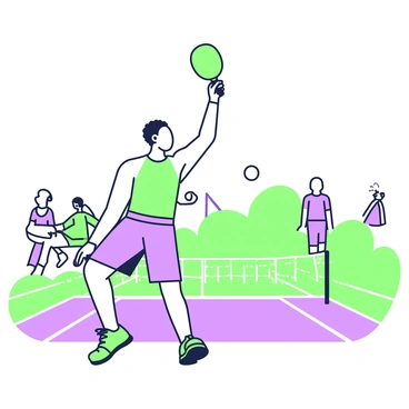 An athlete is practicing their serve on a pickleball court. The court features bright lines marking the service areas and a durable surface. The athlete is wearing a fitted athletic shirt and shorts, with a pickleball paddle held high above their head. They are poised in a dynamic stance, with one foot forward as they prepare to hit the ball. In the background, there are a few spectators watching the practice, and a net is positioned at the center of the court.