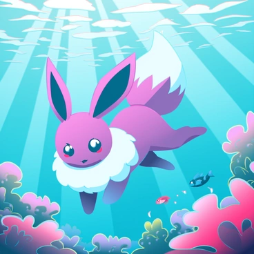 A vibrant Eevee with a sleek, fluffy coat, swimming gracefully through a rare and colorful coral reef. The coral exhibits a variety of shapes and hues, including bright pinks, deep blues, and vivid yellows. Small fish dart in and out among the corals, adding movement to the scene. Sunlight filters down from the surface of the water, casting shimmering reflections on Eevee's fur and illuminating the underwater landscape. The gentle waves create a sense of fluidity, enhancing Eevee's elegant swimming posture.