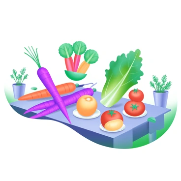 A table showcasing an array of genetically engineered superfoods with vibrant, extraordinary colors and unique shapes. The selection includes vivid purple carrots, brightly colored kale with red and green hues, and an assortment of multi-colored tomatoes ranging from yellow to deep red. Each food item is artfully arranged, with some stacked and others placed on small, decorative plates. Surrounding the table are fresh herbs in small pots, adding touches of green to complement the striking colors of the superfoods. The setting is well-lit, emphasizing the glossy textures and brilliant colors of each item.