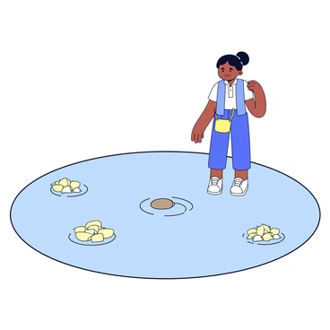 A calm pond with clear water reflecting the sky above. The surface of the water is dotted with glowing water lilies that emit a soft light. A person stands at the edge of the pond, dressed in casual clothing, with dark hair pulled back. The person is in the act of throwing a small stone into the water, creating ripples that spread outwards. The expression on their face is focused, as if they are making a secret wish.