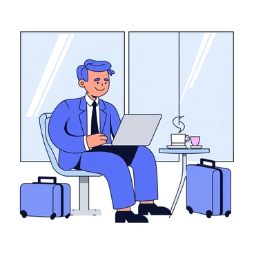 A businessperson wearing a sharp, dark suit sits in a quiet corner of the airport. The individual is focused on a silver laptop, with the screen illuminating their face. Nearby, a small, round table holds a steaming cup of coffee. The background features modern airport architecture with large windows, allowing soft natural light to filter in. A few scattered luggage bags are placed beside the businessperson, indicating they are in transit.