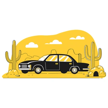 A crashed car in a remote desert landscape with cacti around