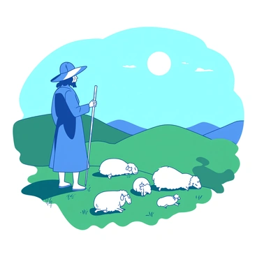 A blue shepherd wearing a wide-brimmed straw hat stands on a green hillside, watching over a flock of white sheep grazing nearby. The sun is shining brightly in a clear blue sky, casting soft shadows on the ground. The shepherd is holding a wooden staff in his right hand, while his left hand rests casually on his hip. The sheep are scattered across the hillside, some sitting down and others munching on the grass. In the distance, there are faint outlines of rolling hills.