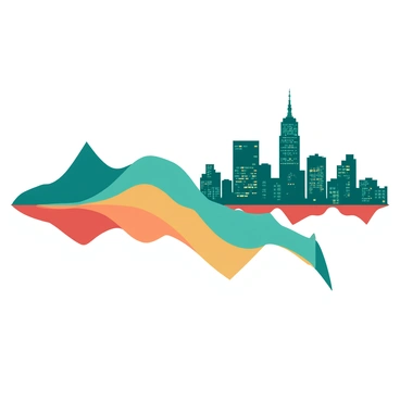 A vibrant sound waveform in a gradient of teal and orange colors is transitioning seamlessly into a city skyline at dusk. The waveform features dynamic peaks and troughs, illustrating a sense of rhythm and movement. As it reaches the horizon, the waveform morphs into a detailed silhouette of tall buildings with windows reflecting the fading light. The city skyline is outlined against a backdrop of a deepening blue sky, capturing the energy of urban life as night approaches.
