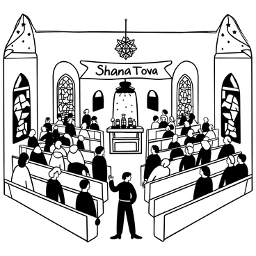 An interior view of a synagogue with rows of wooden benches filled with people standing in prayer. The congregation is comprised of men and women wearing traditional attire, such as prayer shawls and kippahs. In the front, a large table is adorned with a Torah scroll and other ceremonial items. Above the congregation, a beautifully crafted chandelier hangs from the ceiling. Decorative elements like stained glass windows and ornate carvings contribute to the sacred atmosphere. A large banner displays the words "Shana Tova" in elegant font, symbolizing the celebration of Rosh Hashanah.