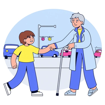 A child with short brown hair and wearing a bright yellow t-shirt is standing next to an elderly person. The elderly person has gray hair and is using a cane for support, dressed in a light blue coat. The child is extending their hand towards the elderly person, offering assistance. In the background, there are cars lined up on a busy street, with some traffic lights visible. The scene is set during the day with clear blue skies.