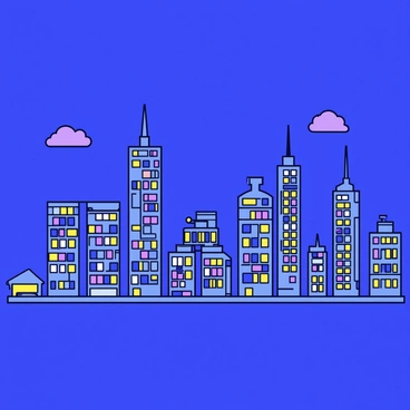 A city skyline at night featuring tall buildings with various architectural designs. Each building has windows illuminated by the soft glow of countless phone screens. The night sky is a deep blue, and the lights from the screens create a shimmering effect across the skyline. The silhouettes of the buildings are sharp against the backdrop of the sky, and a few scattered clouds add depth to the scene.