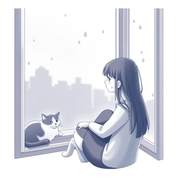 A girl is sitting by a window, looking thoughtfully outside. The window is adorned with several droplets of rain, creating a blurred effect on the glass. Beside her, a cat is curled up comfortably, its body tucked close to itself, embodying a sense of warmth and coziness in contrast to the rainy scene outside. The girl's expression is serene, with her gaze fixed on the world beyond the window, capturing a moment of quiet reflection.