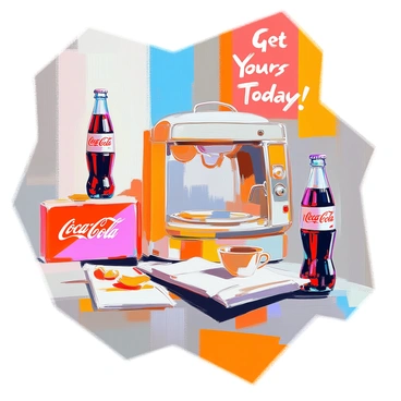 An illustration featuring a collection of colorful mid-century advertisements showcasing various products. Each advertisement is vibrant and eye-catching, utilizing a palette of bold colors like red, blue, and yellow. Prominent in the design are catchy slogans like "Get Yours Today!" and "The Best Choice for You!" Each ad displays different items such as a retro soda bottle, vintage kitchen appliances, and stylish clothing. The ads are arranged in a collage format, creating a lively and dynamic composition.