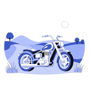 A classic motorcycle is parked on a rural road. The motorcycle features chrome accents, a leather seat, and large, spoke wheels. The road is lined with grasses on either side, leading towards a distant horizon. The setting sun is positioned low in the sky, casting shadows and highlighting the contours of the motorcycle. In the background, there are silhouettes of rolling hills and a few trees scattered along the landscape. The sky above is expansive, with a gradient of light.