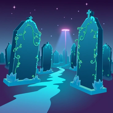 A ghostly visage of a graveyard at midnight, featuring weathered tombstones covered in moss and creeping vines. The sky is a deep indigo, dotted with twinkling stars. A faint glow emanates from a distant streetlamp, illuminating a narrow path that winds through the grave markers. Shadows stretch ominously across the ground, and wisps of fog curl around the base of the tombstones, enhancing the eerie atmosphere of the scene.