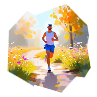 A jogger with a fit physique and wearing a bright blue workout outfit is running along a winding dirt trail. The trail is bordered by an array of blooming wildflowers in various colors, including yellow, purple, and pink. The sun is shining brightly, illuminating the scene with warm morning light. Surrounding the trail are lush green grasses and trees, their leaves vibrant and fresh, creating a lively atmosphere typical of a May morning. A gentle breeze rustles the flowers as the jogger maintains a steady pace, their expression focused and determined.