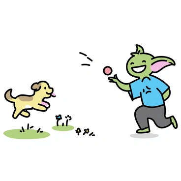 A gremlin playing fetch with a small, playful dog in a sunny park.