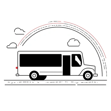 A bus driving along a road, its design simple and functional, with "white bus" clearly labeled on its side. The bus is in motion, showcasing its tires on the wet asphalt. The sky above is clear, with only a few fluffy clouds scattered. A rainbow arcs gracefully across the sky, its bands vivid and distinct, stretching from one side of the image to the other. In the foreground, rain puddles reflect the scene, adding texture to the wet surface.