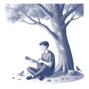 A young man sitting cross-legged under a large tree with a thick trunk and sprawling branches. He has a relaxed posture, with his eyes closed, engaged in playing a guitar. The guitar rests on his lap, and he gently strums its strings while looking content. Around him, the ground is covered with fallen leaves, and there are a few scattered rocks. The tree provides a shaded area, casting intricate patterns of light and shadow on the ground. Nearby, a few birds can be seen perched on the branches, listening to his soft singing.