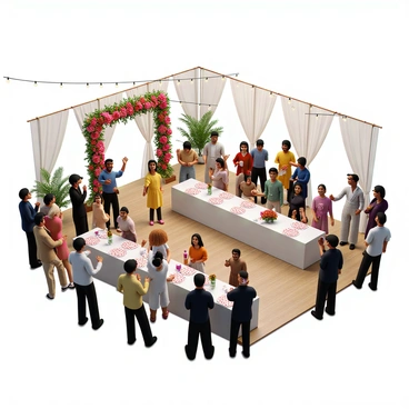 A wedding scene with a decorated outdoor venue featuring white drapes and floral arrangements. The ceremony area is set with a wooden arch adorned with vibrant flowers. Guests of diverse backgrounds are dressed in colorful attire, smiling and dancing joyfully. Some guests hold drinks and others are engaged in lively conversation. A long table is set with elegant tableware and centerpieces, while fairy lights hang overhead, adding warmth to the atmosphere. The mood is festive and celebratory, capturing the happiness of the occasion.