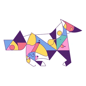 A collection of various geometric shapes in different sizes and orientations is arranged to form the outline of a whimsical animal. The shapes include triangles, circles, and squares, creating a playful and imaginative design. Each shape is distinct, with some overlapping and interlocking, contributing to the intricate outline. The whimsical animal's form is suggested through the combination of these shapes, creating an engaging and dynamic visual composition.