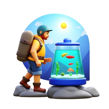 A traveler wearing a rugged outdoor outfit, with a sturdy backpack that has a transparent built-in aquarium. The aquarium contains colorful fish swimming inside, showcasing the transport of aquatic life. The traveler is standing on a rocky terrain, with a scenic view of mountains in the background. Sunlight reflects off the aquarium, illuminating the fish with vibrant colors. The traveler is looking down at the fish with a sense of wonder.