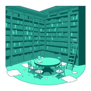 A teal library features towering bookshelves filled with ancient tomes. The tomes emit a soft glow, illuminating the surrounding shelves with a warm ambiance. A large, ornate wooden ladder leans against one of the bookshelves, and scattered across the floor are plush, white rugs. In the center of the library, a large round table is surrounded by chairs, each adorned with intricate designs. The ceiling is high, with intricate patterns carved into the wood, enhancing the grandeur of the space. The overall atmosphere is inviting, filled with the scent of old books and a sense of wonder.