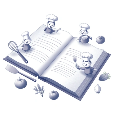 A collection of kitchen utensils and ingredients arranged around the edges of a recipe book. The utensils include a whisk, measuring cups, and a spatula, all detailed with handles and textures. Fresh ingredients like herbs, tomatoes, and garlic are scattered nearby, showcasing their shapes and sizes. There are two cute chefs, one wearing a chef's hat, holding a bowl and looking cheerful, while the other, with a spoon in hand, is playfully mixing ingredients. The chefs are positioned at opposite corners of the margins, adding a lively touch to the layout.
