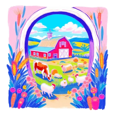 A picturesque farm is visible through a farm-themed keyhole. In the foreground, there is a large red barn with white trim and a weather vane on top. Surrounding the barn, several animals can be seen: a brown cow grazing on the grass, a couple of sheep with fluffy white wool, and a few chickens pecking at the ground. In the background, green fields stretch out, dotted with bales of hay and colorful flowers. The sky above is bright blue with fluffy white clouds. The keyhole frame features decorative farm motifs such as wheat stalks and carrots.