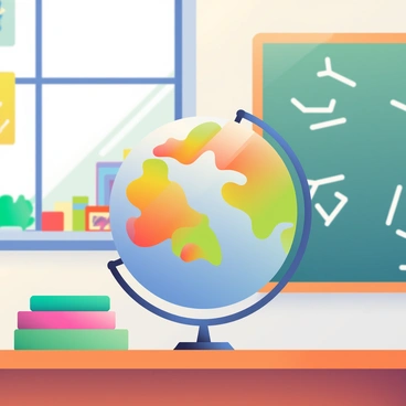 A 3D globe depicting the continents in vibrant colors is placed prominently on a teacher's desk. The globe is set against a background of a colorful classroom filled with bright posters and educational materials on the walls. The desk is made of warm wood, and there are neatly stacked books alongside the globe, which is on a metal stand. A chalkboard is visible in the background, filled with notes and illustrations in white chalk. Sunlight streams through a nearby window, casting a warm glow across the scene.