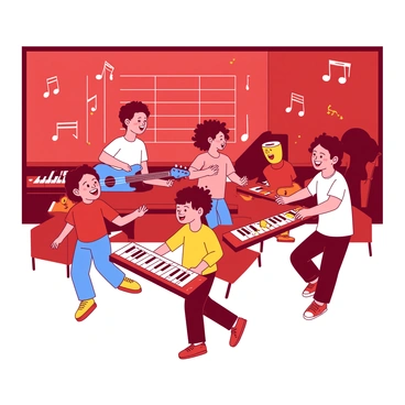 A red classroom filled with students of various ages participating in a music class. Some students are playing instruments, including a blue guitar and a yellow keyboard, while others are joyfully dancing around them. Each student has a big smile, and their expressions reflect enthusiasm and enjoyment. The room is vibrant, with musical notes illustrated on the walls, adding to the lively atmosphere.