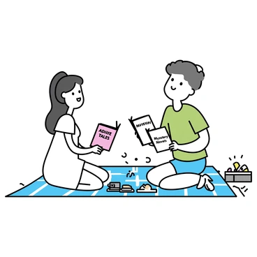 A couple sitting on a checkered picnic blanket spread out on a grassy field. The man, with short brown hair, is wearing a green t-shirt and denim shorts, holding a book titled "Adventure Tales." The woman, with long black hair tied in a ponytail, is dressed in a white sundress and is holding a book titled "Mystery Novels." They are facing each other, smiling as they discuss their favorite stories. Around them, there are a few scattered snacks and a picnic basket.