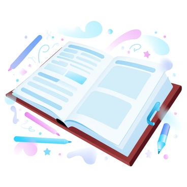 A vibrant syllabus is spread open on a wooden desk. The syllabus features a variety of colors and decorative elements. Surrounding the syllabus are playful doodles and sketches, including stars, arrows, and abstract shapes. The desk is scattered with colorful stationery items like pens and highlighters, enhancing the lively atmosphere of the scene.