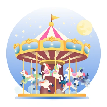 An enchanted carousel is located in a moonlit clearing. The carousel features intricately painted horses, each with unique colors and patterns, that are beginning to come to life. Some horses are rearing up, showcasing their powerful muscles, while others are gracefully prancing around the platform. The night sky is filled with twinkling stars, and a luminous full moon casts a soft glow on the scene. Wisps of ethereal mist swirl around the base of the carousel, enhancing the magical atmosphere. The wooden structure of the carousel is adorned with ornate carvings and shining lights that flicker as if awakening from a long slumber. 