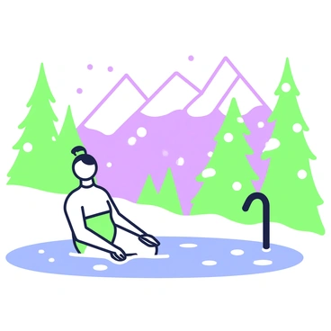 A person is soaking in a steaming hot spring. The individual is sitting comfortably, with steam rising gently around them. They are wearing a simple bathing suit. In the background, snow-covered mountains rise majestically, their peaks glistening under bright sunlight. Tall pine trees, blanketed in snow, frame the scene, adding depth to the winter landscape. A few snowflakes drift softly through the air, enhancing the serene winter ambiance.
