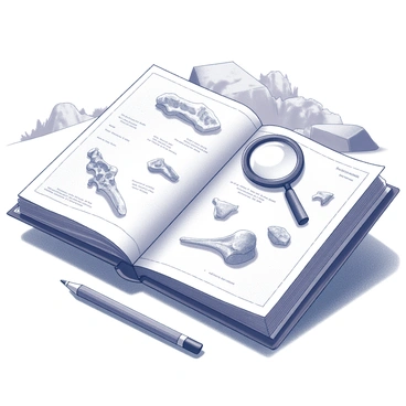 A field journal lies open on a wooden table. The journal pages are filled with detailed sketches of dinosaur bones, showcasing different shapes and sizes. Each sketch includes annotations with scientific names and notes about the fossils. A magnifying glass rests beside the journal, and a pencil, slightly worn from use, is placed nearby. The setting suggests an outdoor environment, with a faint outline of rocks and vegetation visible in the background.
