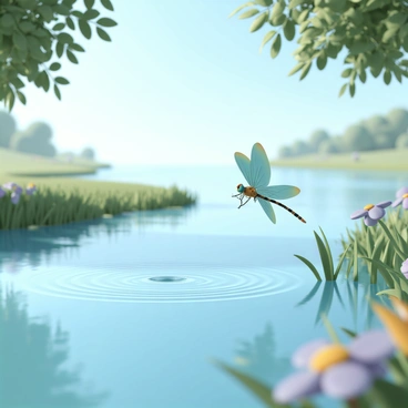 A detailed dragonfly, with iridescent green and blue wings, is hovering gracefully just above the surface of a calm river. The river is reflecting the clear blue sky, with gentle ripples emanating from where the dragonfly's wings create a slight disturbance in the water. Lush green vegetation lines the riverbank, with a few wildflowers blooming in colors of purple and yellow, adding to the natural scenery. The sunlight is filtering through the branches of nearby trees, casting dappled shadows on the water's surface.
