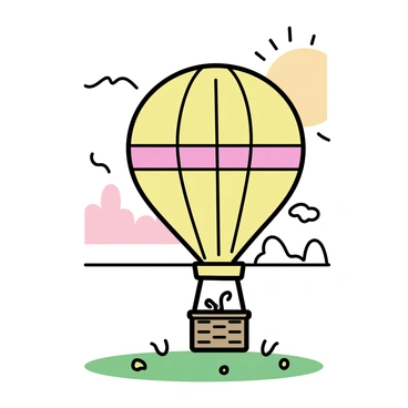 A hot air balloon, brightly colored with red and yellow patterns, is lifting off from the ground. The balloon's basket is made of woven wicker, and a small flame is visible inside the burner. In the background, the sun is just beginning to rise, casting soft orange and pink hues across the sky. Wispy clouds are scattered in the sky, and silhouettes of distant trees can be seen against the lightening horizon. The ground features a grassy field with dewdrops glistening in the early morning light.