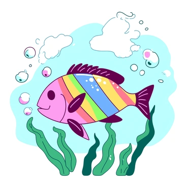 A vibrant rainbow fish with shimmering scales is swimming joyfully among colorful underwater bubbles. The fish has distinct stripes of various colors reflecting the sunlight filtering through the water. Surrounding the fish are flowing green seaweed streamers that dance gracefully in the water currents. The bubbles rise playfully from the fish, adding a festive atmosphere to the scene. The overall composition captures a lively underwater celebration.