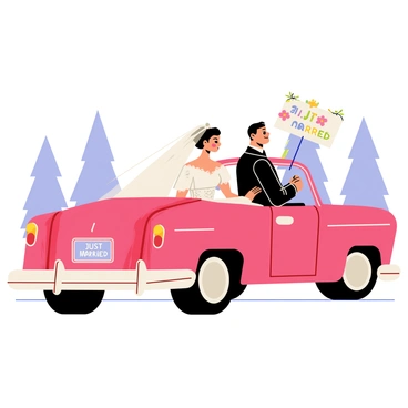 A newlywed couple is seated in a red vintage convertible car. The car features chrome details and is parked outside a wedding venue. The couple is smiling joyfully, with the bride wearing a flowing white wedding dress and a veil, while the groom is in a classic black suit. A "Just Married" sign is attached to the back of the car, decorated with colorful flowers and ribbons. The background shows a clear blue sky and a few trees, enhancing the festive atmosphere of their celebration.