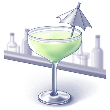A cocktail glass filled with a lime-green beverage sits on a wooden table. The rim of the glass is coated with white sugar, glistening in the light. A small decorative umbrella, featuring a folded design, is placed on the edge of the glass, casting a slight shadow. The background includes subtle hints of a bar setting with blurred elements, enhancing the focus on the cocktail.
