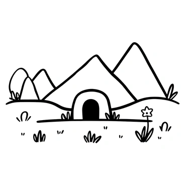 An empty tomb with a stone entrance is positioned at the center of a valley. The tomb is surrounded by lush grass and scattered wildflowers. Tall mountains rise in the background, their peaks sharply defined against the sky. The overall composition highlights the tomb's solitude within the expansive landscape. Soft shadows stretch across the valley, enhancing the depth of the scene.
