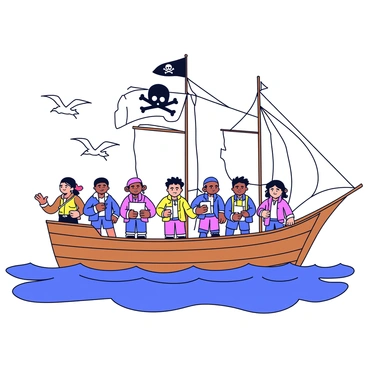 A pirate crew on a ship, ready to embark on a quest. The crew consists of various pirates, each wearing distinctive clothing with elements like vests, bandanas, and boots. They are standing on the deck of a wooden ship, with a large tattered flag featuring a skull and crossbones waving in the wind. The ship is equipped with sails that are billowing, indicating strong winds. The sea is choppy, and seagulls can be seen flying overhead. The pirates are looking ahead with determined expressions, some holding maps and compasses in their hands.