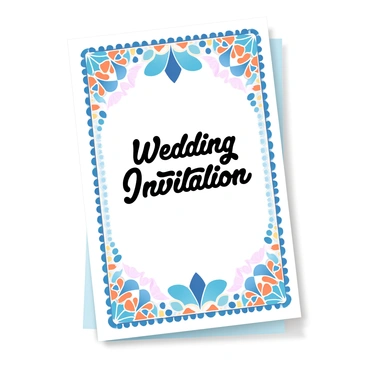 A wedding card featuring a beautifully designed cover inspired by Moroccan mosaics. The card is adorned with intricate tile patterns in vibrant colors, including deep blues, rich oranges, and bright yellows. Geometric shapes and floral motifs are woven throughout the design, creating a harmonious balance. In the center of the card, there is an elegant text that reads "Wedding Invitation" in ornate lettering. The edges of the card are embellished with decorative borders that echo the mosaic theme. The background has a subtle gradient that enhances the overall aesthetic, bringing all the elements together.