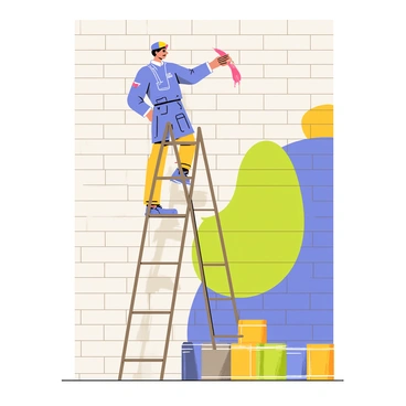 A young artist standing on a ladder, wearing a blue painter's smock and a colorful beret. The artist holds a paintbrush dripping with bright red paint, poised to add a vibrant swirl to the mural. The dull brick wall is partially covered with a fresh mural that features bold, abstract shapes in shades of blue, yellow, and green. The ladder is metallic and slightly rusted, positioned securely against the wall. Sunlight casts shadows on the ground, highlighting an array of paint cans scattered around the base of the ladder.