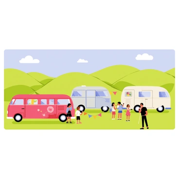 A group of vintage vans of different colors and designs gathered for a rally in a grassy countryside setting. The vans include a bright red one with floral patterns, a pale blue panel van, and a classic cream-colored camper, all parked closely together. The background features rolling green hills under a clear blue sky with a few fluffy white clouds. There are colorful banners strung between the vans, and a small crowd of people mingling and taking photos, adding to the lively atmosphere of the event.