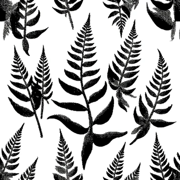 A halftone dot pattern features sleek, stylized ferns arranged elegantly across the surface. The ferns have elongated, curved leaves that form intricate shapes, creating a sense of movement. The background is filled with a repeating design of these ferns, enhancing the overall composition. The overall effect is a striking contrast between the bold pattern and the intricate details of the ferns.