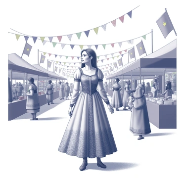 Juliet is standing in the center of a bustling medieval festival. She is wearing a flowing dress that features intricate patterns and rich textures. She is surrounded by other festival-goers, each dressed in elaborate medieval costumes, creating a vibrant atmosphere. Colorful flags and banners are strung above, fluttering in the breeze. Stalls filled with handmade crafts and food line the background, and children are playing games nearby. The scene captures the energy and excitement of a lively celebration.