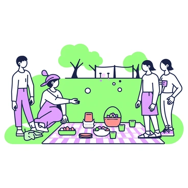 A picnic setup is arranged on a checkered blanket spread across the grass. Various food items are displayed, including a basket filled with fruits, sandwiches neatly stacked, and beverages in colorful cups. Nearby, a petanque court is visible, with several players actively throwing metal balls. Two players are focused on aiming their shots, while an onlooker stands beside them, holding a score sheet. Trees line the background, providing a natural border to the scene, and a few colorful picnic baskets are placed around, adding to the relaxed atmosphere.