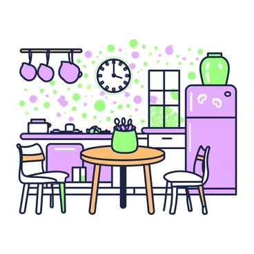 A family kitchen filled with unique and playful details. The room features a round wooden table in the center, surrounded by mismatched chairs with various colors and patterns. A whimsical clock on the wall shows the time with numbers that seem to dance around. Various pots and pans hang from a wooden rack above the stove, each with a distinctive shape, while a large green jar filled with colorful cookies sits on the counter. A colorful wallpaper with abstract patterns covers the walls, and a small window lets in light, showing a glimpse of a garden outside. On the fridge, there are fun magnets in unusual shapes, adding to the quirky atmosphere of the space.