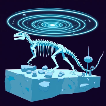 A collection of fossilized remains of ancient creatures, including a large, intricately detailed skeleton of a prehistoric marine reptile with elongated limbs and a streamlined body. Surrounding the skeleton are smaller fossils of various invertebrates, all embedded in sedimentary rock. A holographic projection of Earth's magnetic field lines is visible, swirling and glowing above the fossils, illustrating how these creatures might have navigated using magnetic orientation. The setting has a dark, moody atmosphere, emphasizing the age and mystery of the fossilized remains, while the magnetic field display casts an ethereal light on the fossils.