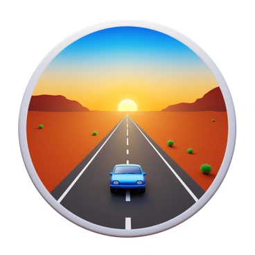 A lone car silhouette positioned on a vast empty highway. The highway stretches into the distance, flanked by arid desert terrain. The sun sets on the horizon, casting an orange glow over the scene. Dusty road texture can be seen beneath the car, with sparse vegetation scattered along the sides. The sky transitions from deep blue to warm hues, enhancing the sense of isolation.