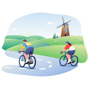 A group of cyclists is riding on a winding country road. The first cyclist has short brown hair and is wearing a blue jersey with yellow stripes, while the second cyclist, with long black hair, is dressed in a red and white outfit. They are passing by a charming windmill with white sails and a wooden body, standing on a grassy hill. In the background, there are rolling green fields dotted with wildflowers and a clear blue sky above, creating a picturesque rural scene. The sunlight casts soft shadows on the road as the cyclists pedal along.