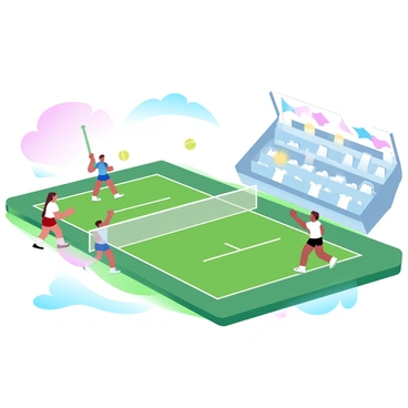 A grand championship match is occurring on a beautifully maintained grass court. Players in athletic uniforms are positioned on opposite sides of the court, ready to serve and receive. Brightly colored flags are waving in the background, contrasting against the vibrant green grass. Spectators dressed in casual attire fill the stands, adding to the atmosphere of excitement. The sun is shining brightly, casting shadows across the court, highlighting the action taking place.